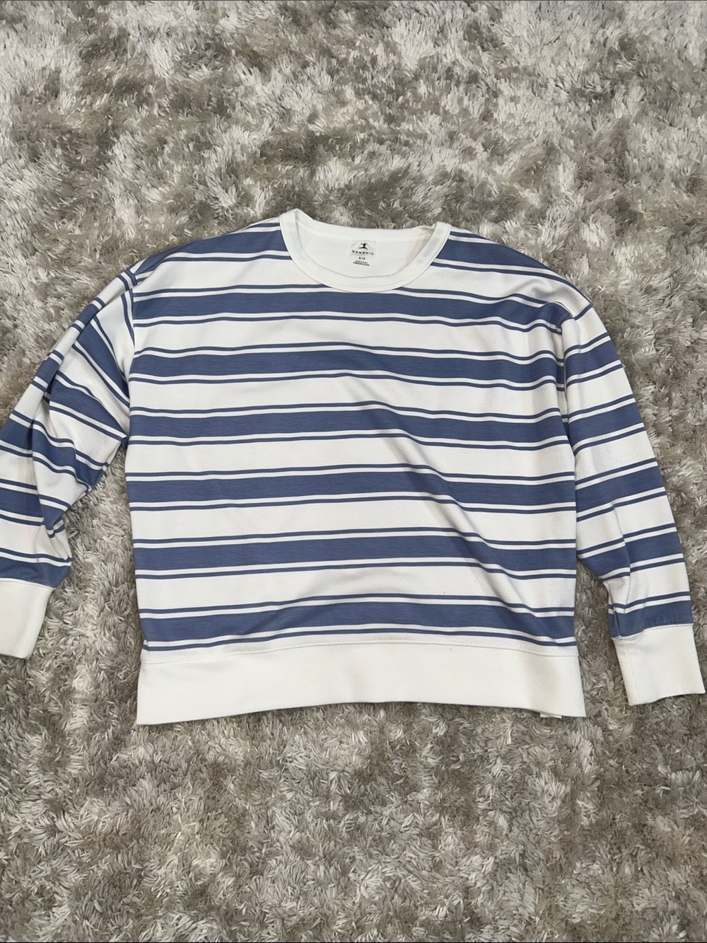 Danskin White and Blue Horizontal Stripe Crewneck Sweater